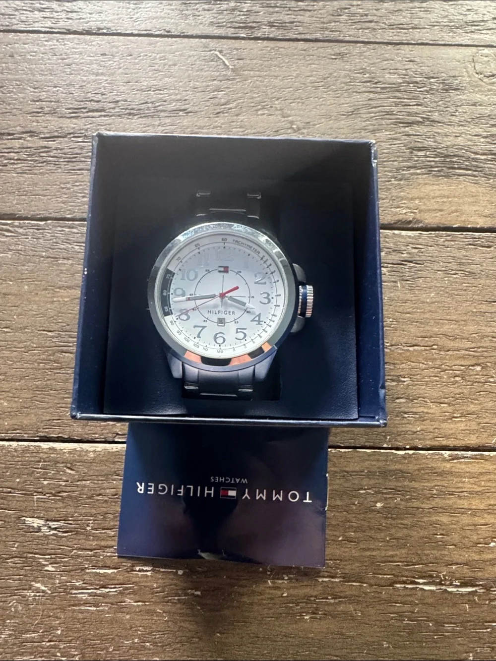 Tommy Hilfiger Silver Stainless Steel Watch with White Dial and Red Accents